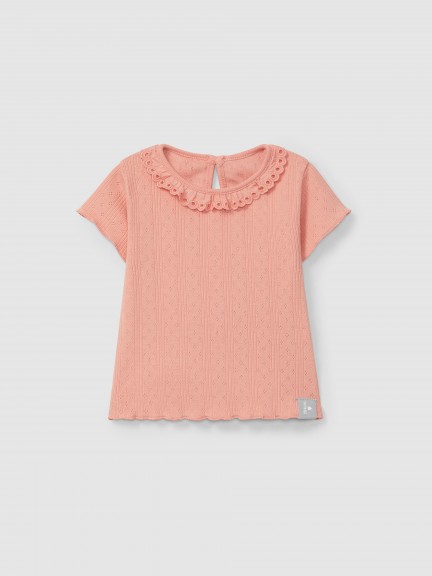 Camiseta Ajour / calado con cuello volante bordado ingls