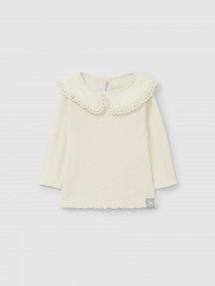 Ajour pattern longsleeve with collar English embroidery detail
