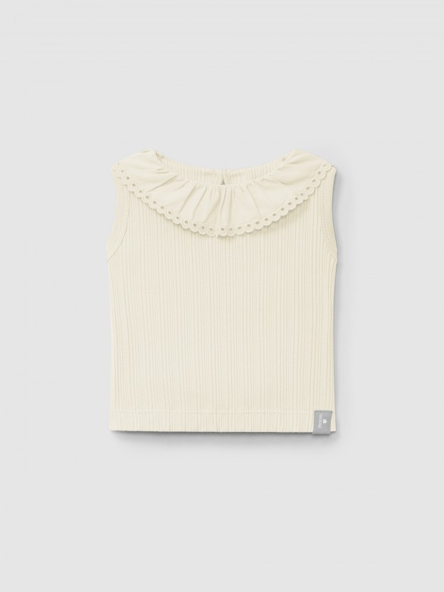 Singlet en maille cannele et col broderie anglaise