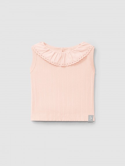 Singlet en maille cannele et col broderie anglaise