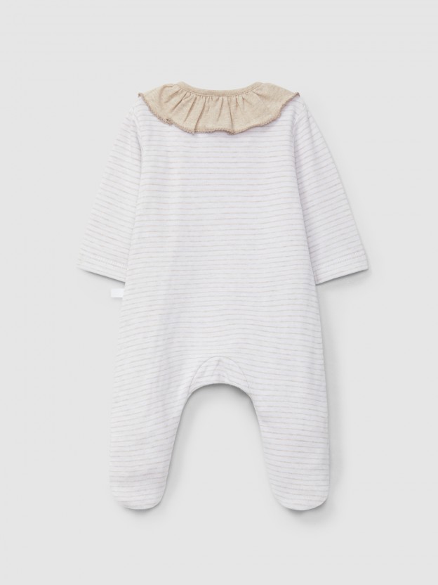 Striped double-layered jersey babygrow with ruffled collar