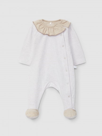 Striped double-layered jersey babygrow with ruffled collar