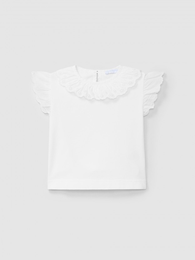 T-shirt ruffled collar English embroidery