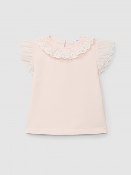 T-shirt ruffled collar English embroidery