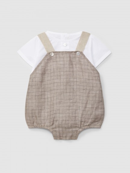 Two-in-one linen checkered romper
