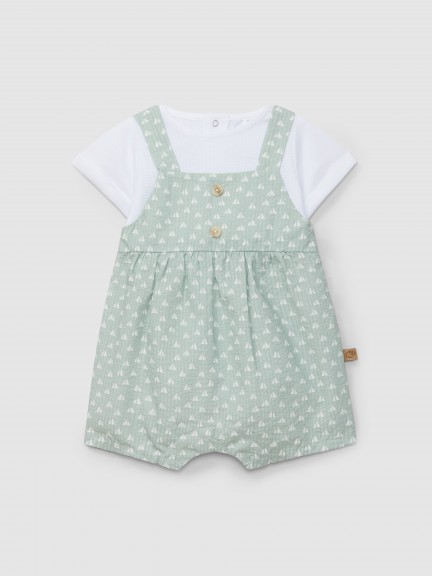 Romper two-in-one seersucker printed and waffle weave