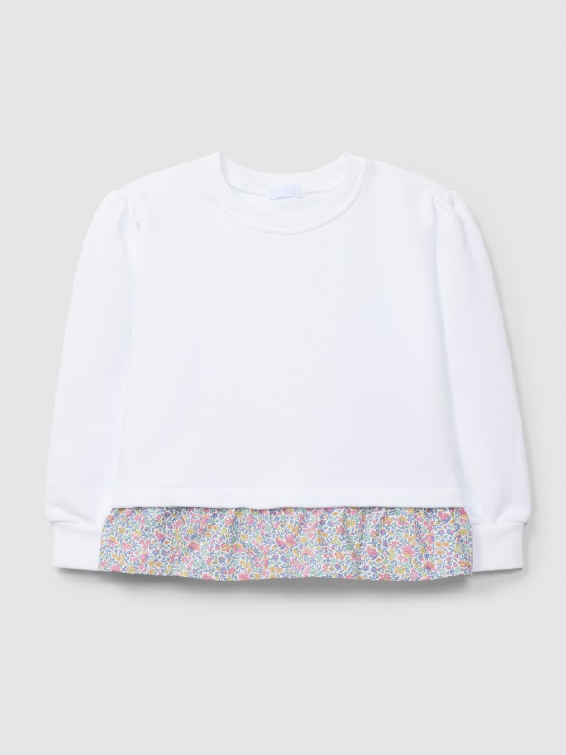 Plush sweater with ruffled detail in printed fabric Plush sweater with ruffled detail in printed fabric