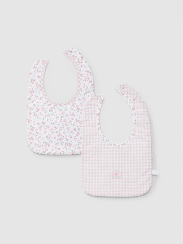 Pack of two printed bibs with embroidery detail
