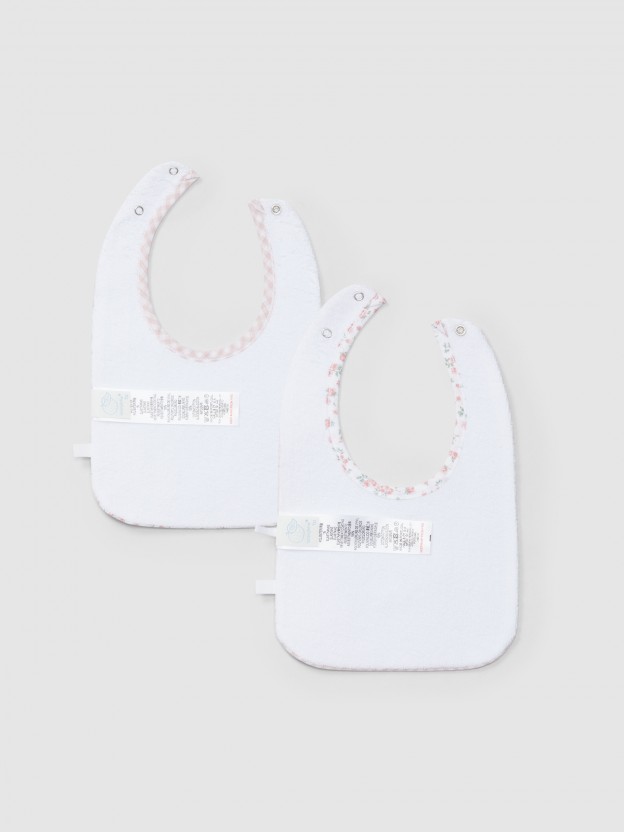 Pack of two printed bibs with embroidery detail