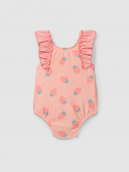 Maillot de bain fraises et dtail de volant  carreaux vichy