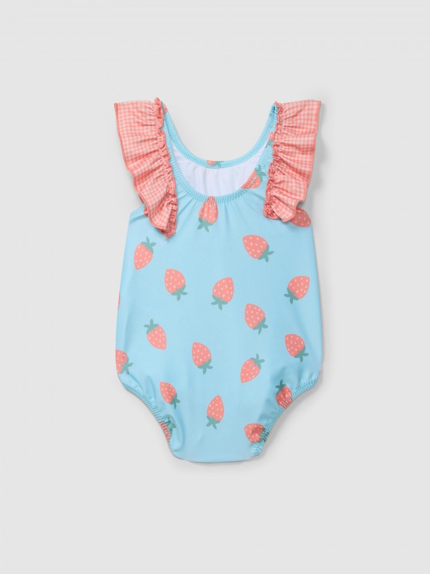 Swimsuit strawberries and vichy plaid ruffled detail Swimsuit strawberries and vichy plaid ruffled detail