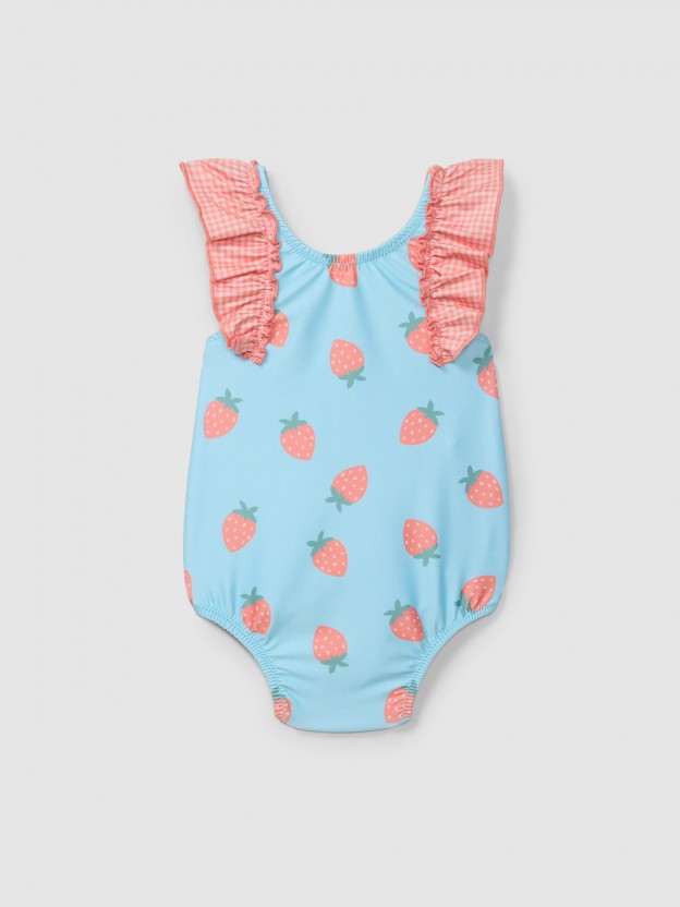 Swimsuit strawberries and vichy plaid ruffled detail Swimsuit strawberries and vichy plaid ruffled detail