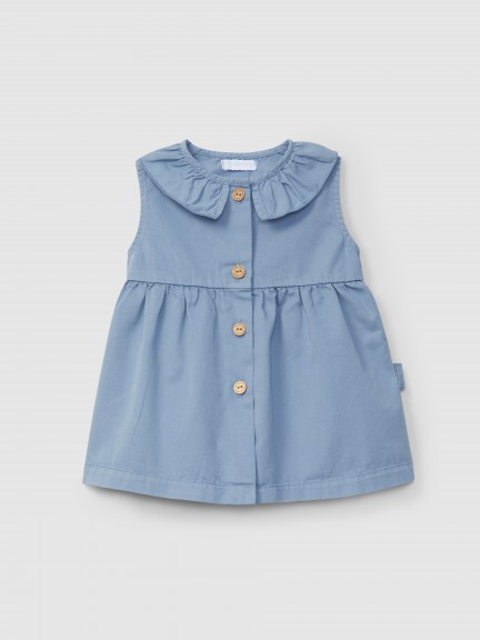 Dress in twill with ruffled collar