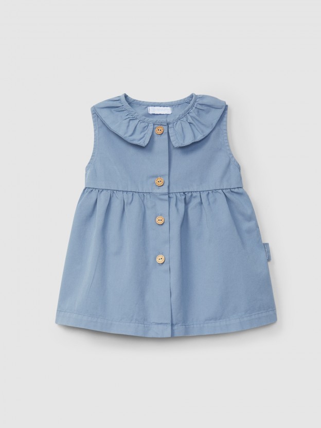 Dress in twill with ruffled collar