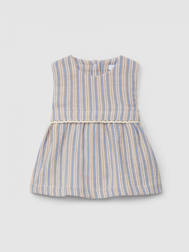 Multi-coloured striped dress with lace appliqué Multi-coloured striped dress with lace appliqué