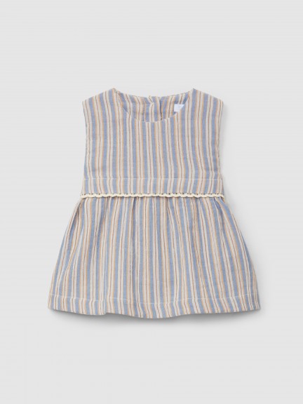 Multi-coloured striped dress with lace appliqu