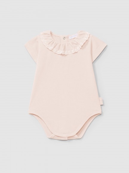 Bodysuit short sleeve ruffled collar English embroidery
