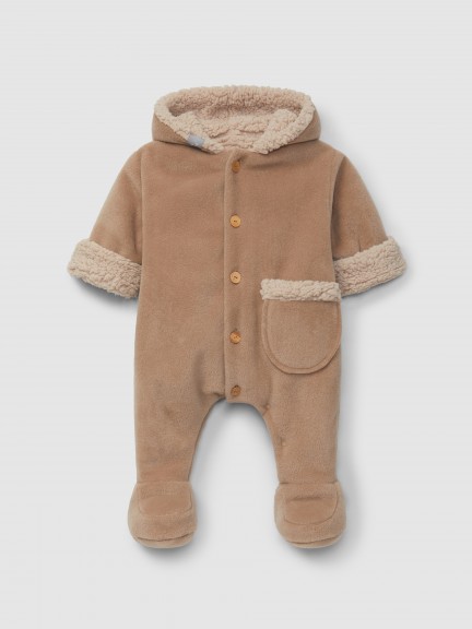 Fleece hooded pramsuit with pocket