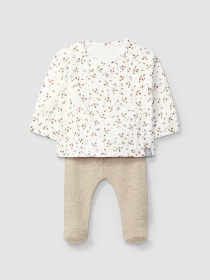 Two-piece set in printed muslin and plain jersey
