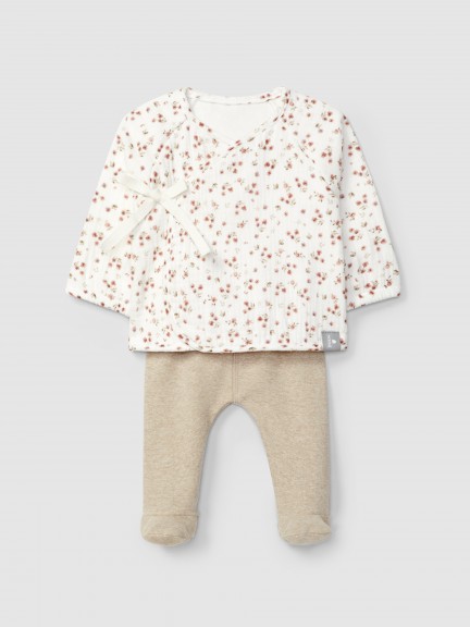 Two-piece set in printed muslin and plain jersey