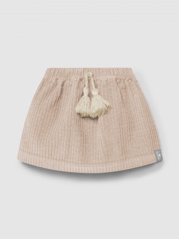 Skirt in ribbed velvet drawstring detail with pom-pom
