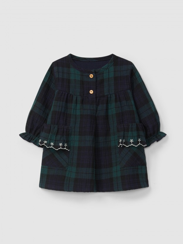 Robe carreaux avec dtail de poches avec volant brod