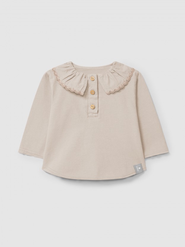 Longsleeve  col  volant brod en coton biologique
