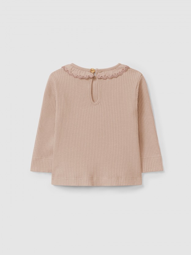 Longsleeve en maille cannele  col  volant