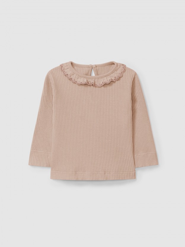 Longsleeve en maille cannele  col  volant
