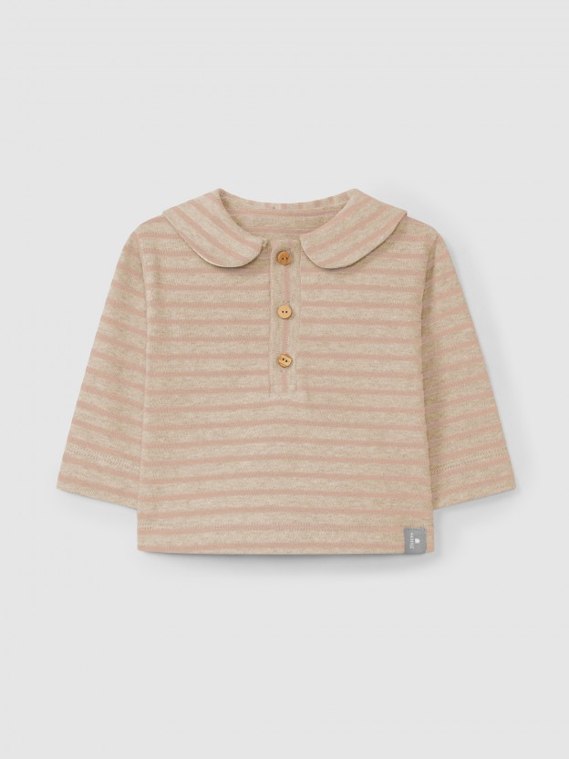 Longsleeve de riscas em jersey cardado com gola de marinheiro