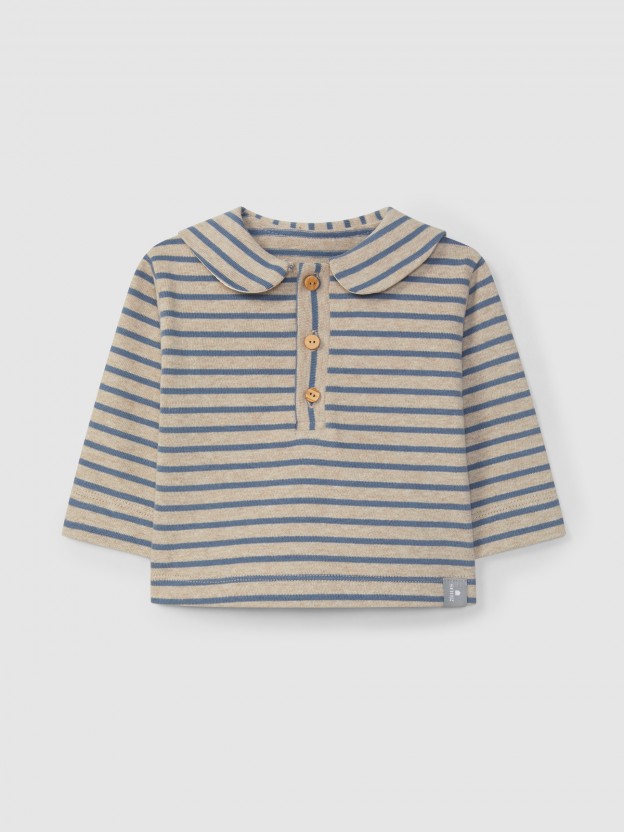 Longsleeve de riscas em jersey cardado com gola de marinheiro