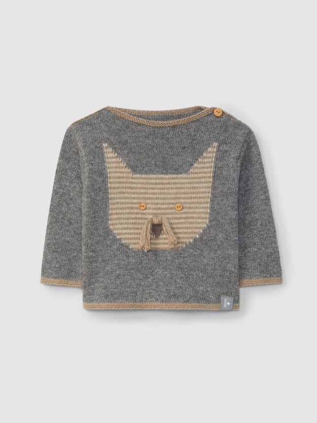 Pull tricot chat avec dtails en relief
