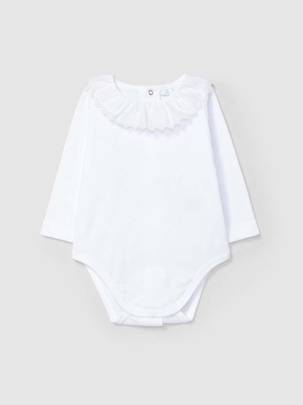 Bodysuit with delicate embroidered ruffled collar