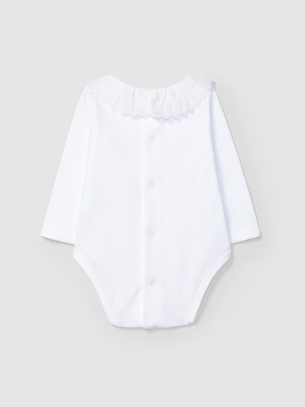 Bodysuit with delicate embroidered ruffled collar