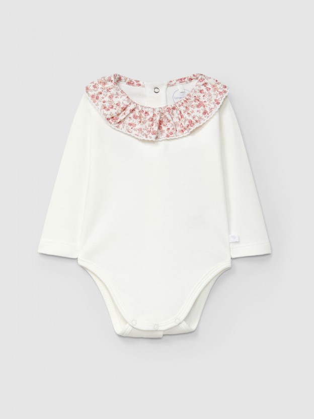 Print fabric ruffled collar bodysuit with lace detail