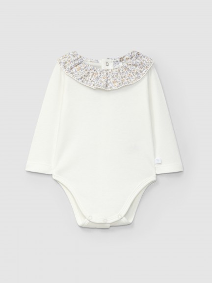 Print fabric ruffled collar bodysuit with lace detail
