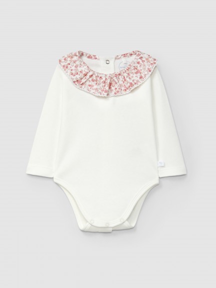Body gola de folho em tecido estampado com detalhe de renda