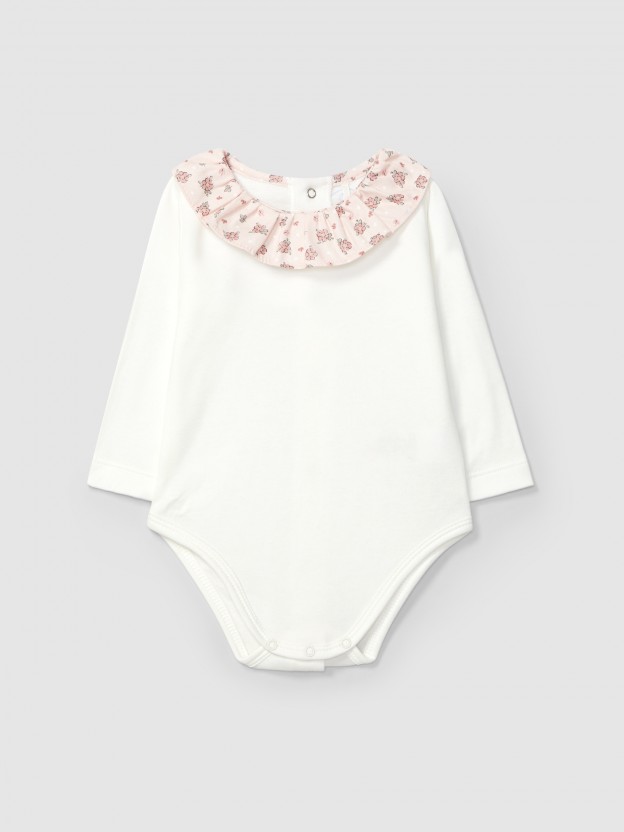 Bodysuit ruffled collar in delicate floral fabric