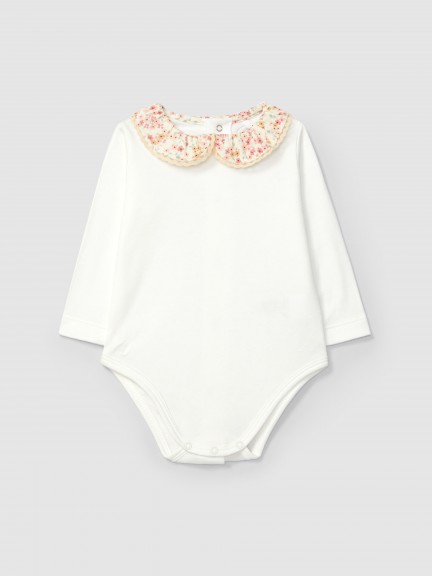 Bodysuit floral fabric collar with lace detail