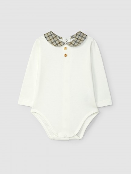 Bodysuit with round collar in check fabric