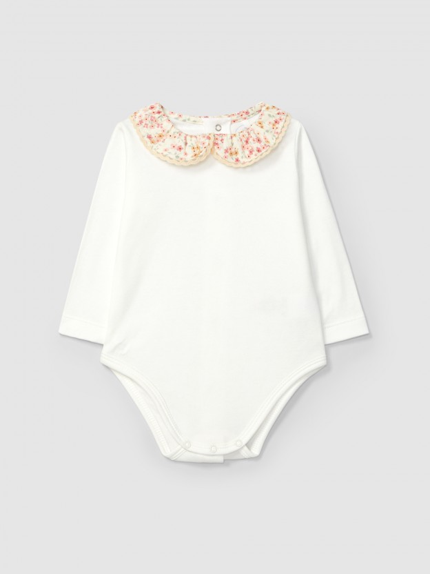 Bodysuit floral fabric collar with lace detail