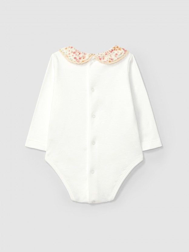 Bodysuit floral fabric collar with lace detail