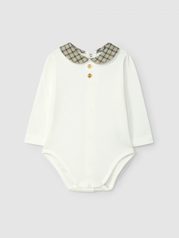 Bodysuit with round collar in check fabric