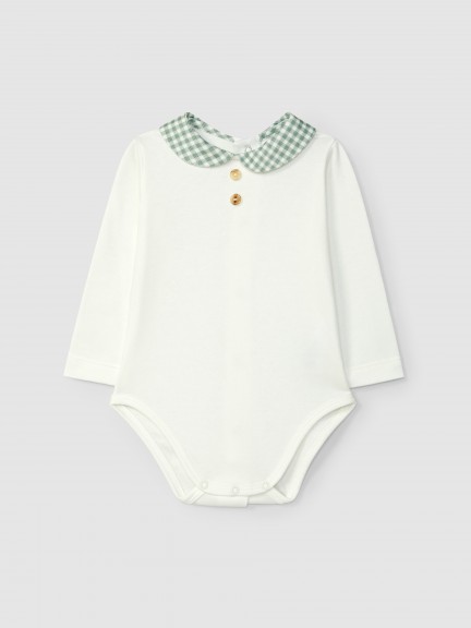 Bodysuit with round collar in check fabric