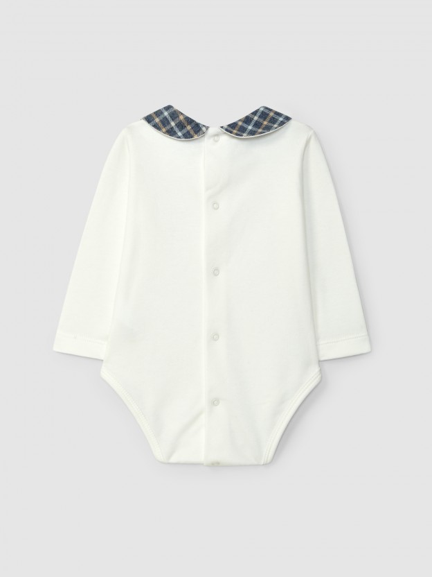 Bodysuit with round collar in check fabric