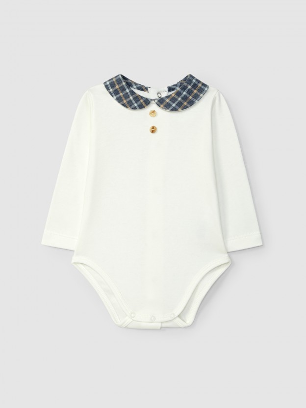 Bodysuit with round collar in check fabric