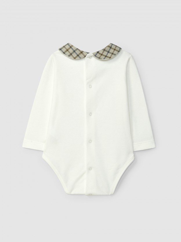 Bodysuit with round collar in check fabric