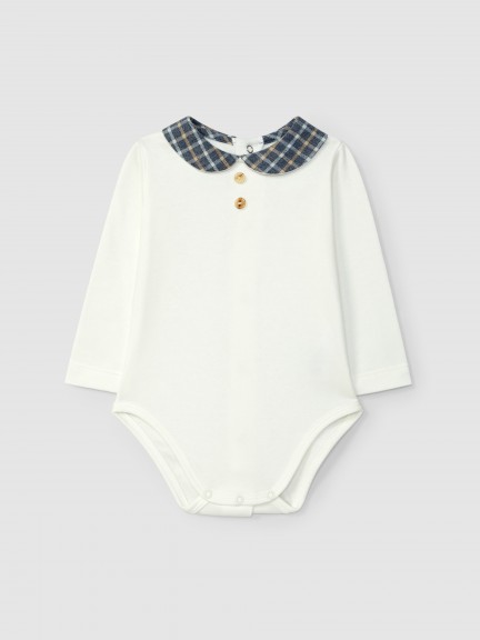 Bodysuit with round collar in check fabric