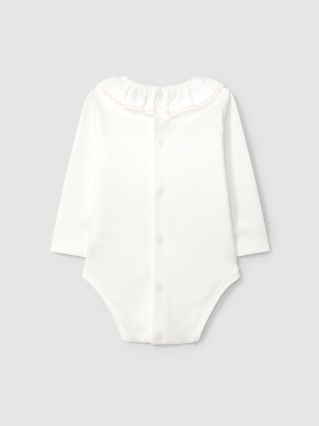 Bodysuit ruffled collar with wavy embroidery Bodysuit ruffled collar with wavy embroidery