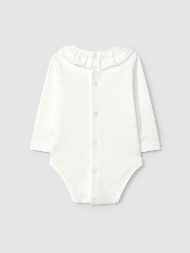 Bodysuit ruffled collar with wavy embroidery
